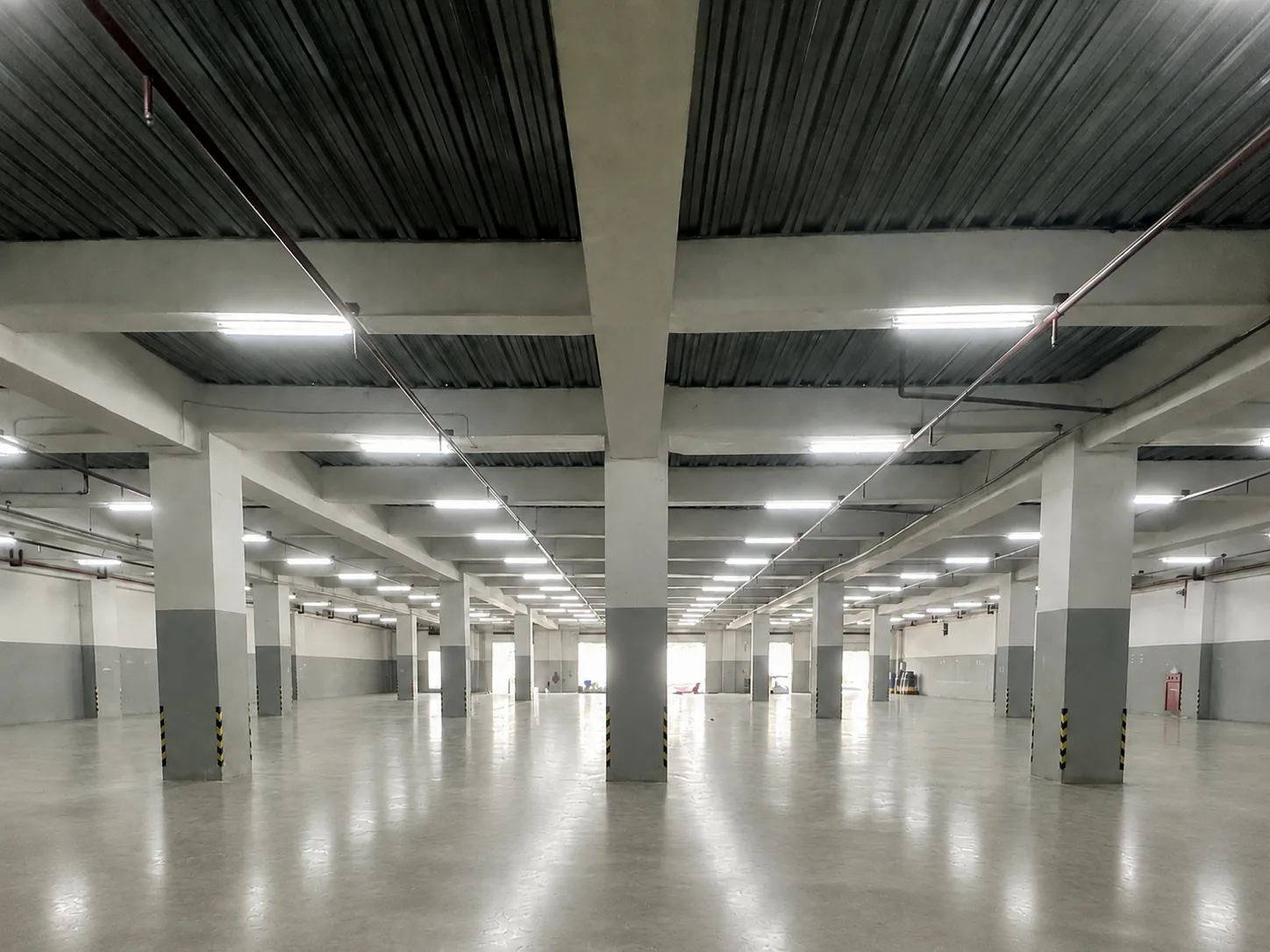 Finished industrial concrete floor inside a large operating facility