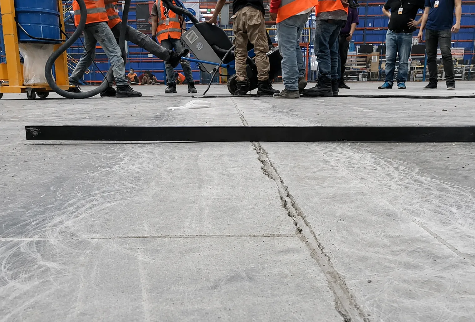 Ultrafloor crew preparing an industrial floor joint